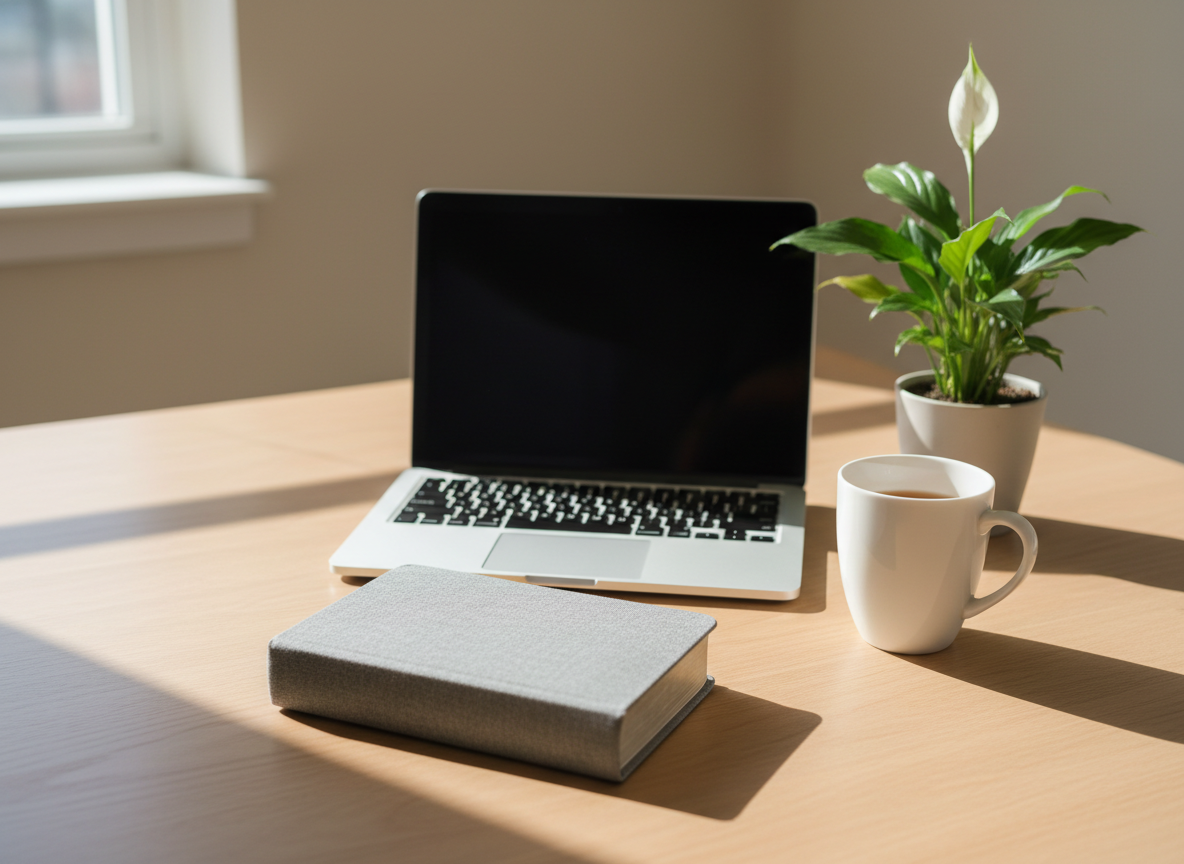 A close-up, photographic image of an elegant, minimalistic wooden desk prepared for an online prayer meeting. A closed Bible with a soft gray fabric cover sits beside a sleek laptop with a dark screen, a simple ceramic mug, and a small potted peace lily with glossy green leaves. Natural daylight from a nearby window softly illuminates the desk, creating subtle reflections on the laptop surface and gentle shadows beneath the objects. The background is a softly blurred, neutral-colored wall, keeping the focus on the prayer tools. Captured from a slightly angled overhead perspective with a clean, modern aesthetic, the mood is calm, professional, and focused, symbolizing a compassionate, Christ-centered prayer ministry available through virtual appointments without depicting any people.
