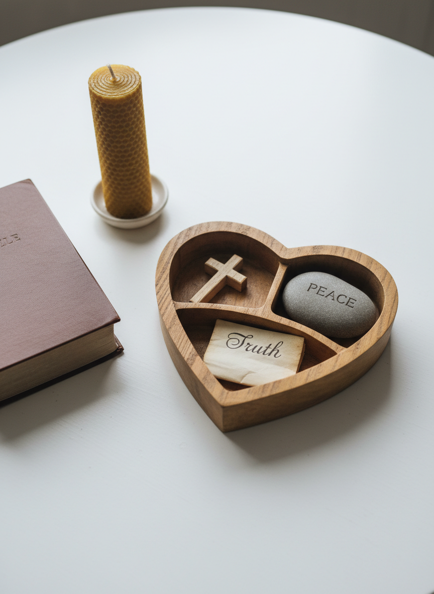 A symbolic HeartSync-inspired scene showing a wooden heart-shaped box slightly opened on a clean white table, revealing inside three small compartments: one holds a tiny wooden cross, another a folded parchment note reading “Truth,” and the third a smooth, polished stone etched with the word “Peace.” Next to the box lies a closed Bible and a simple, unlit beeswax candle. Soft, overhead natural light creates gentle shadows along the box edges and enhances the warm wood grain. Photographed in photographic realism from a slightly elevated angle, the composition feels ordered and intentional, with ample negative space and a calm, contemplative mood. The image subtly represents the different parts of the heart being brought together under God’s gentle guidance without any human figures.