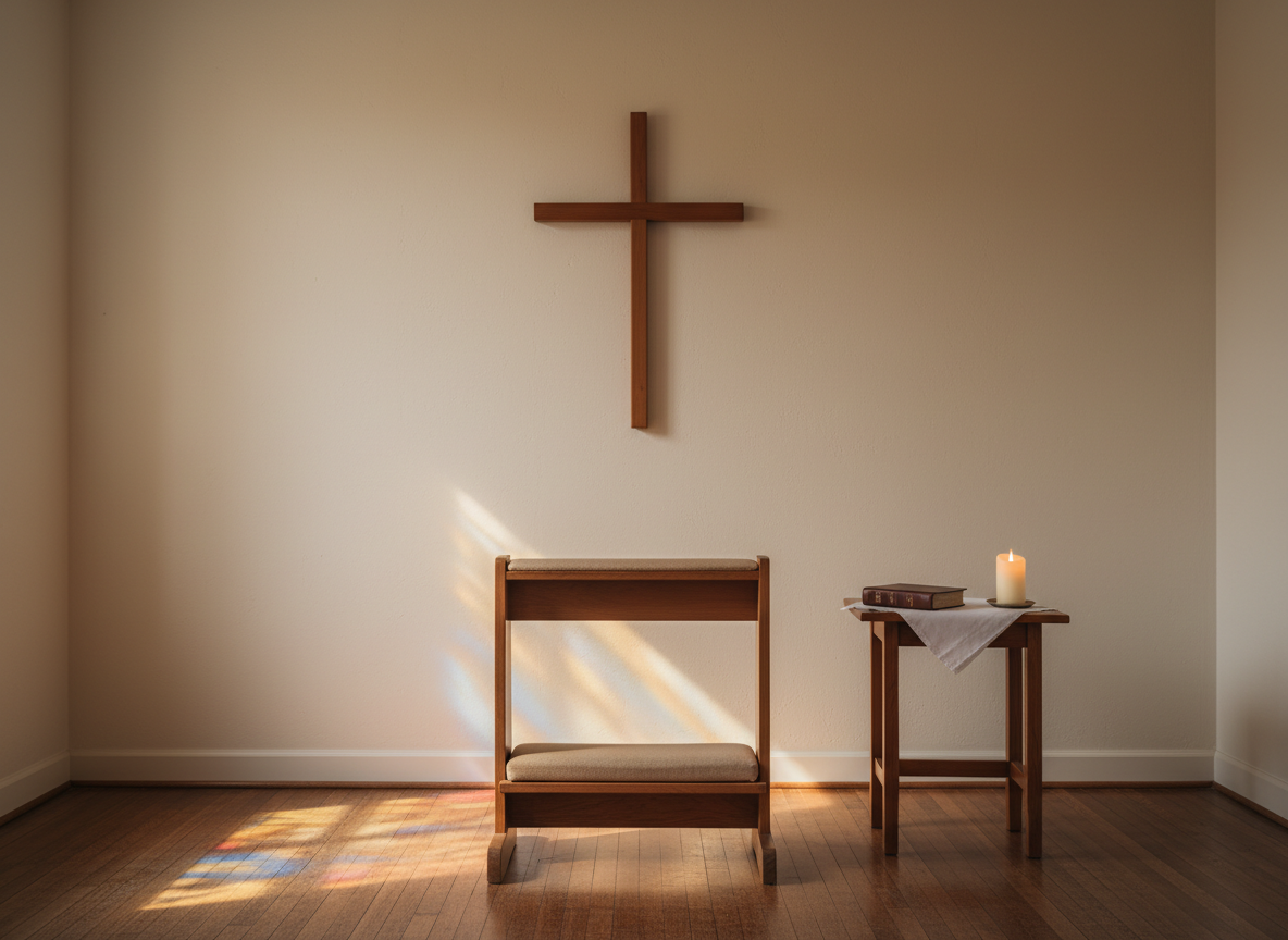 A peaceful church prayer room interior without people, featuring a simple wooden prayer bench facing a plain wooden cross mounted on a soft cream-colored wall. A small table nearby holds a closed Bible, a neatly folded prayer cloth, and a single unlit pillar candle. Warm, late-afternoon light enters through an off-frame stained-glass window, casting subtle, colorful patterns on the floor while leaving the main area bathed in gentle, golden light. Photographed at eye level with balanced composition and sharp focus throughout, the image emphasizes the quiet, sacred space available for personal prayer. The atmosphere is reverent yet welcoming, communicating a safe place to bring burdens, listen for God’s voice, and receive gentle, Christ-centered support.