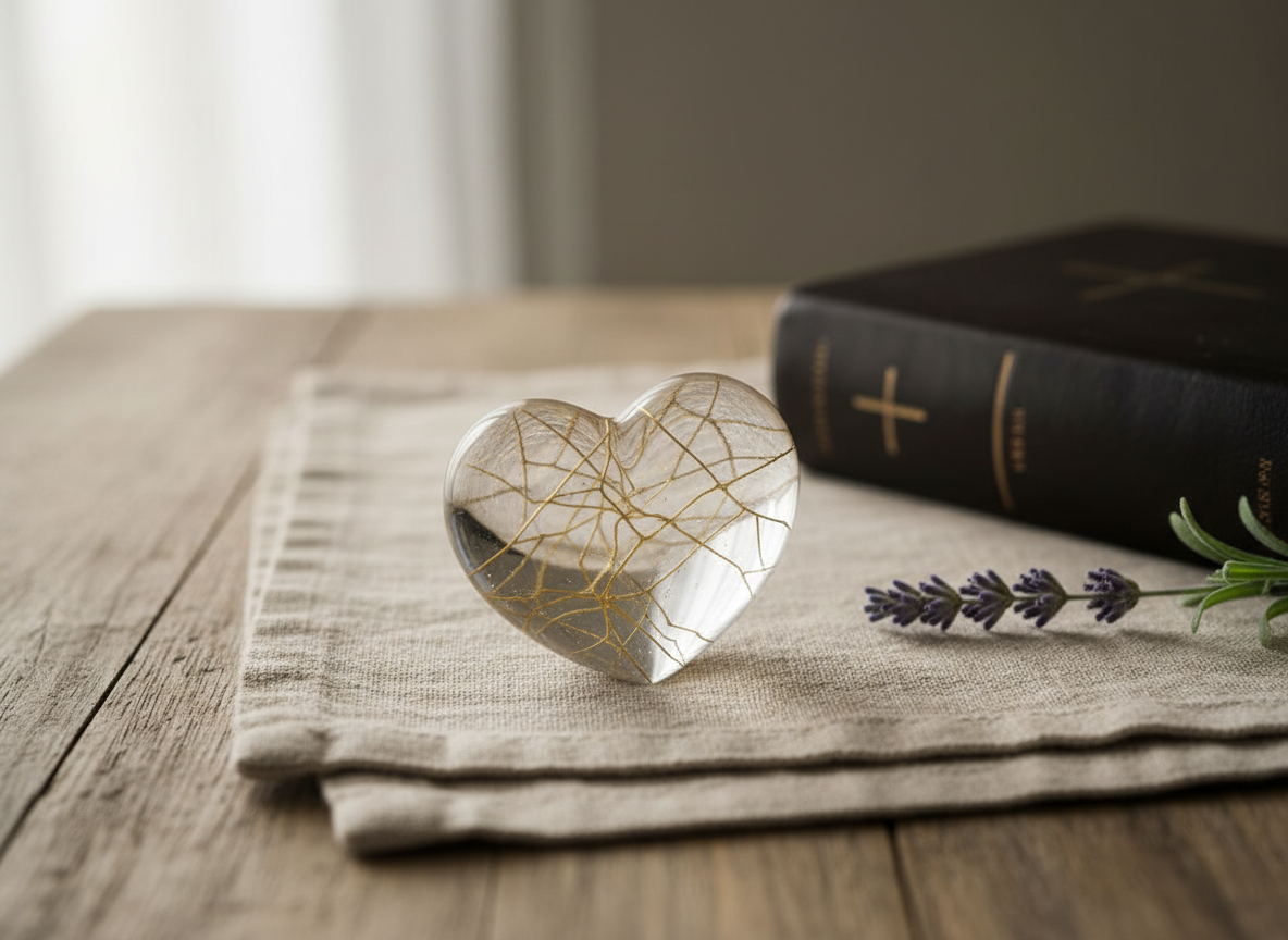 A symbolic representation of inner heart healing shown as a smooth, translucent glass heart placed on a linen cloth atop a rustic wooden table. Fine, delicate gold lines run through the heart, inspired by kintsugi, as if fractures have been lovingly mended, catching the light in subtle highlights. In the background, slightly out of focus, lies a closed Bible with a simple embossed cross on the cover and a small sprig of lavender. Soft, directional side lighting from a window creates gentle contrast and a tender, reflective mood. Photographed in close-up with a shallow depth of field, the image has a clean, professional, photographic style that visually communicates restoration, wholeness, and God’s compassionate care.