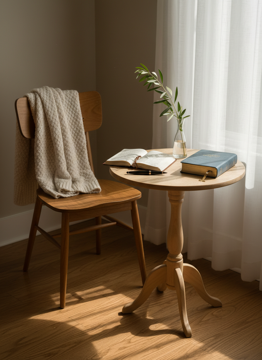 A quiet corner of a home prayer space featuring a simple wooden chair with a folded knitted throw draped over the back, facing a small pedestal table. On the table rests an open journal with a fountain pen, a closed Bible with a fabric cover, and a single sprig of olive branch in a clear glass vase. Diffused afternoon light filters through sheer curtains, bathing the scene in a soft glow and creating gentle, peaceful shadows. Captured from a slightly elevated angle in photographic realism, the composition uses the rule of thirds to draw the eye toward the Bible and journal. The atmosphere is warm, safe, and inviting, reflecting a place of gentle inner healing and private conversation with God without showing any people.