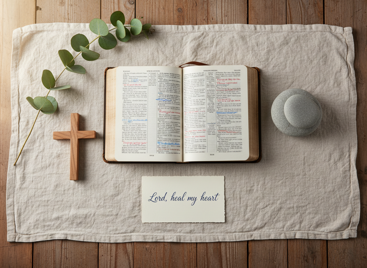An overhead, photographic view of a simple prayer altar arranged on a natural linen cloth spread over a wooden surface. At the center lies an open Bible with underlined passages, surrounded by three smooth river stones stacked gently, a small wooden cross, and a delicate, handwritten prayer card that reads “Lord, heal my heart” in cursive. A single eucalyptus branch extends from one corner, adding soft green tones. Soft, diffused morning light from the side creates a peaceful glow with minimal shadows and emphasizes the textures of paper, wood, and stone. The composition is intentionally balanced and uncluttered, evoking a sense of order, clarity, and gentle inner healing aligned with a HeartSync-inspired, Christ-centered prayer ministry.