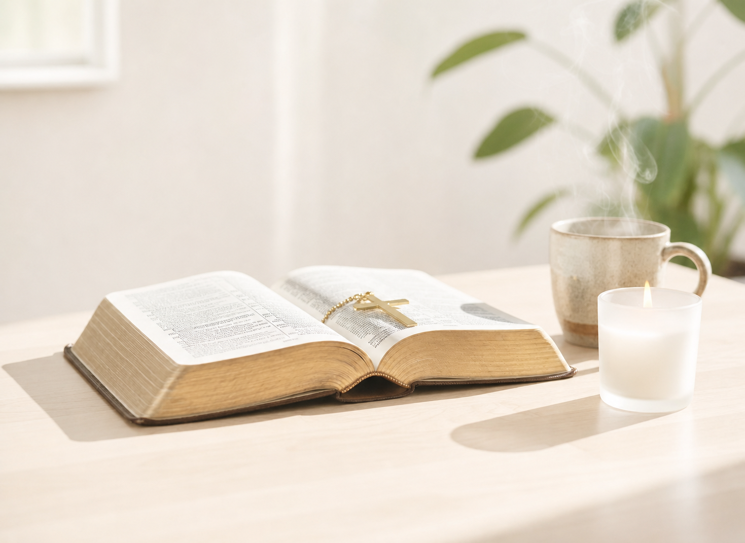 An open Bible with a cross bookmark, a lit candle, and a warm drink in peaceful morning light